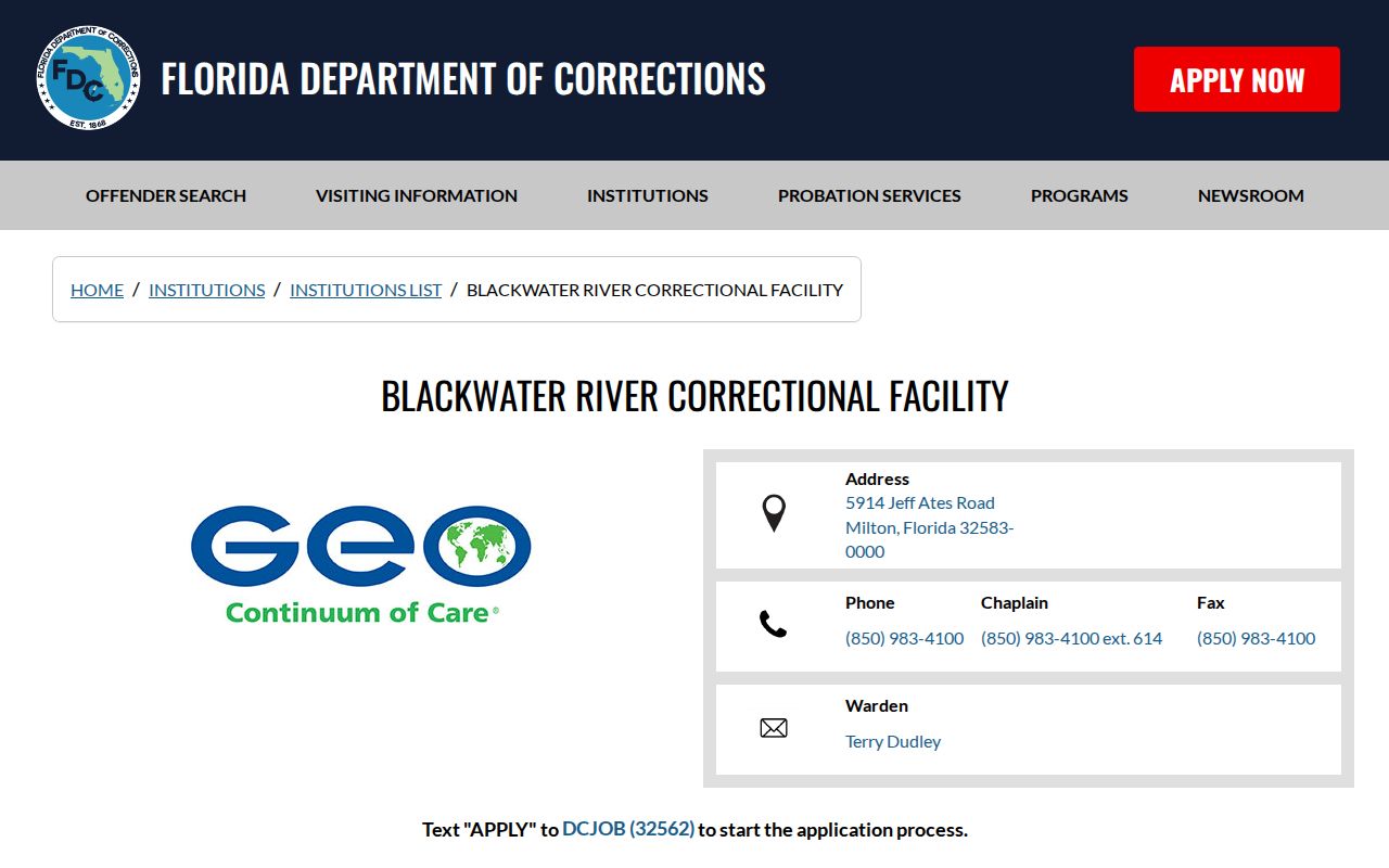 Blackwater River Correctional Facility official FDC prison release source