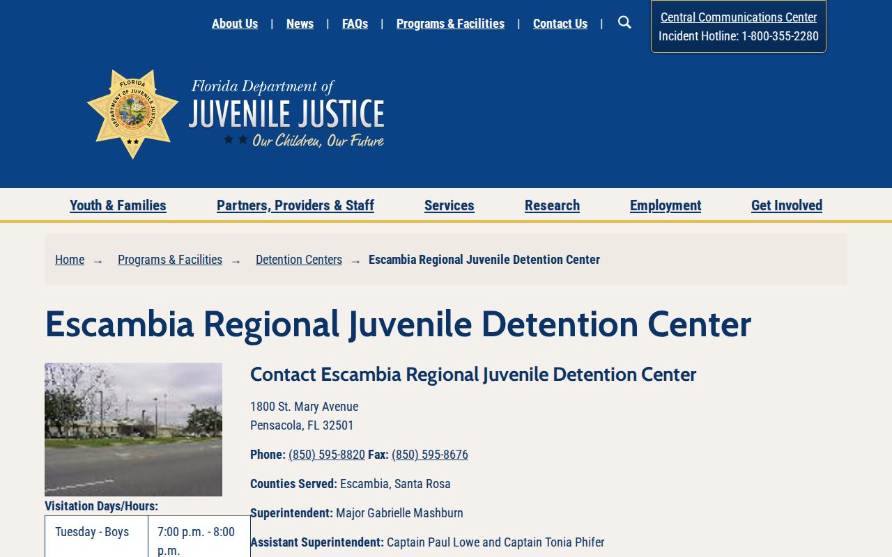 Escambia Regional Juvenile Detention Center official DJJ information for Santa Rosa County youth release contacts