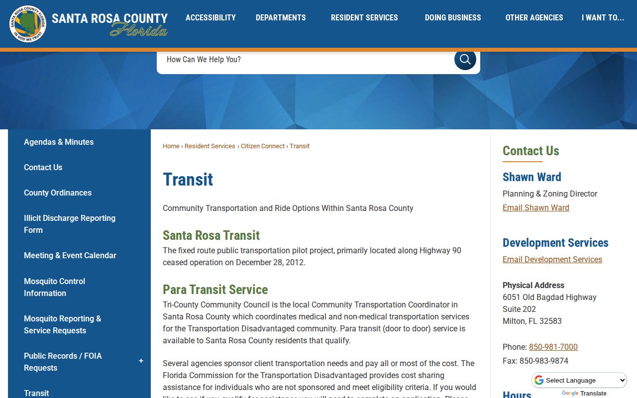 Santa Rosa County transportation after inmate release