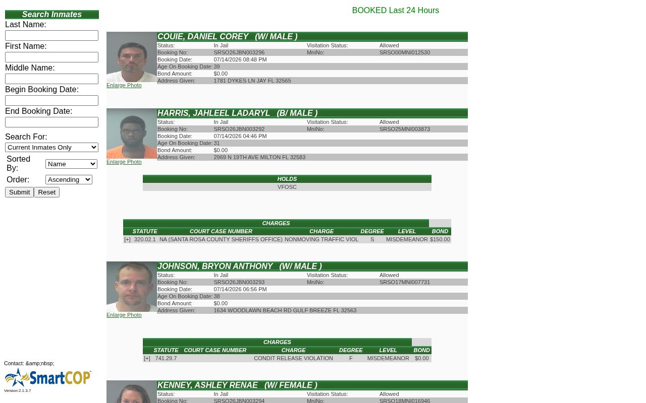 Santa Rosa County 24 hour release search type and release date fields