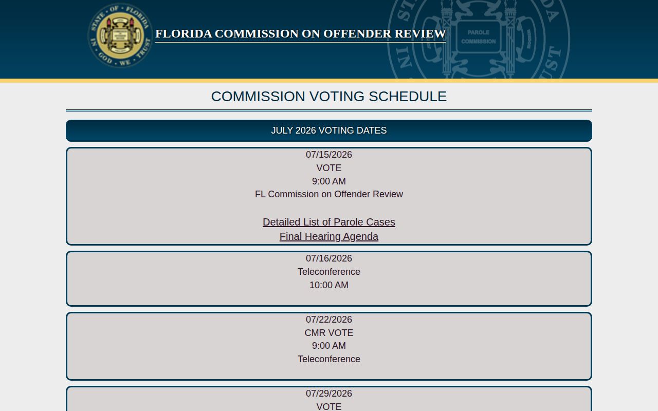 Santa Rosa County parole hearing voting calendar