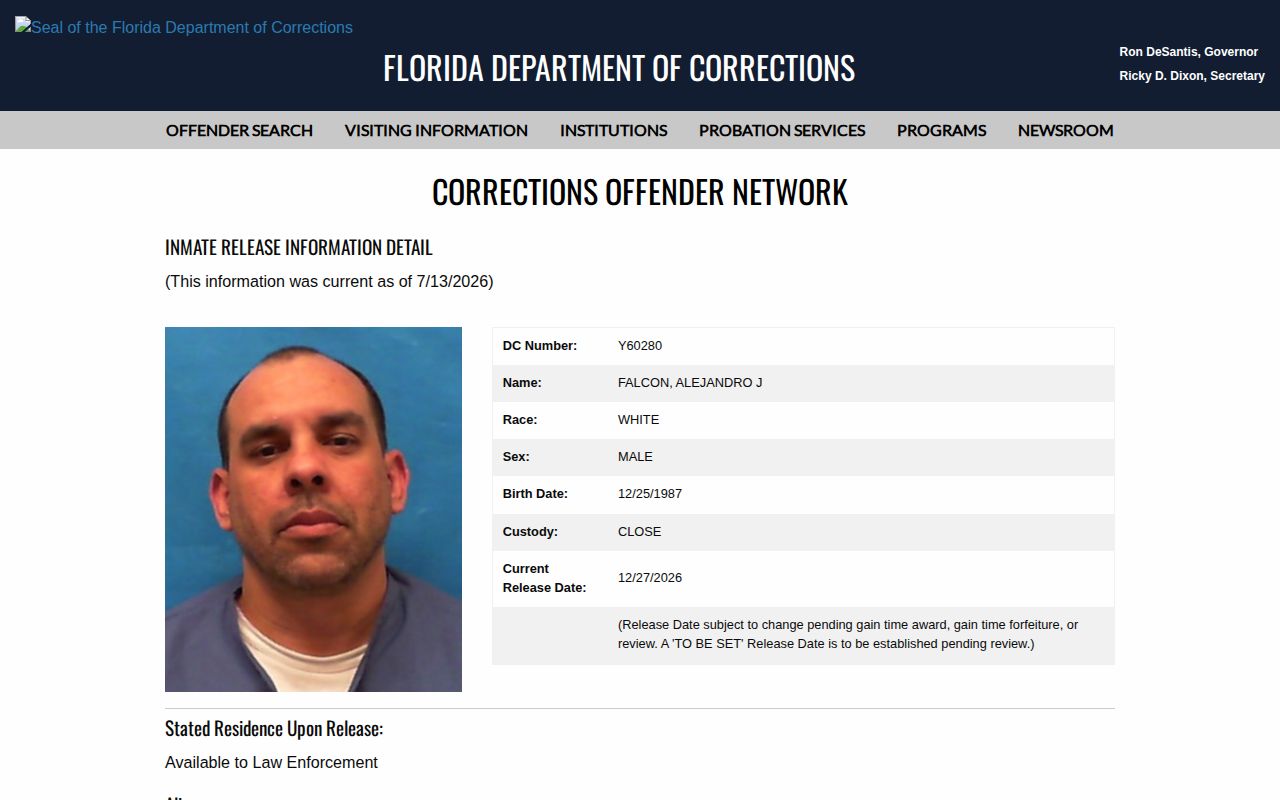 Santa Rosa County projected release date example and change warning